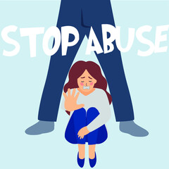 Flat abused woman character. Stop bullying banner. Depressed young female flat background. Stop domestic gender violence. Women inequality, solidarity awareness concept. Vector illustration.