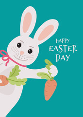 Easter Bunny, eggs and carrot in a hand draw style - card. Happy easter day.
Vector Template greeting card, banner, poster, flyer with a bunny. 