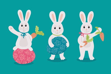 Easter Bunny and eggs - set. Vector collection of rabbits or hares with Easter eggs.
