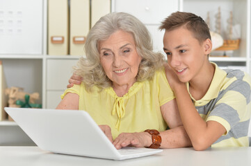 Grandmother with her grandson using laptop at home