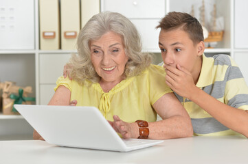 Grandmother with her grandson using laptop at home