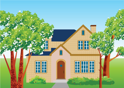 Beautiful villa house on a sunny summer day. Big green trees and bushes around it. Vector illustration