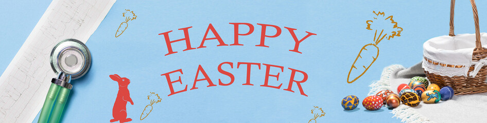 Light minimalistic Easter greeting banner in medical concept with the inscription Happy Easter and the image of a rabbit, a basket and eggs Medicine and Easter. © Zarina Lukash