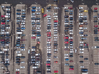 Cars in the parking lot. Aerial drone top view.