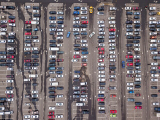 Cars in the parking lot. Aerial drone top view.