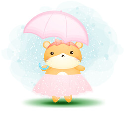 Cute doodle hamster holding pink umbrella cartoon character Premium Vector