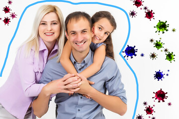 Family during coronavirus and flu outbreak. Virus and illness protection, quarantine. COVID-2019. People on white wall background