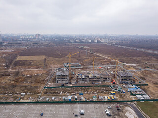Construction site of residential buildings in Kiev. Aerial drone view.