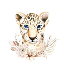 Africa watercolor savanna leopard, animal illustration. African Safari wild cat cute exotic animals face portrait character. Isolated on white poster, invitation design