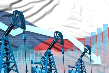 lowering down chart on Czechia flag background - industrial illustration of Czechia oil industry or market concept. 3D Illustration