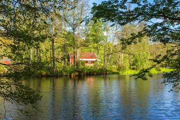 Fototapeta na wymiar Cottage by the river in the forest