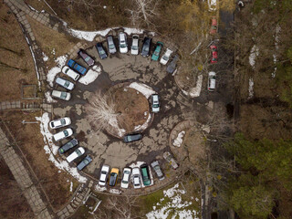 Cars in the parking lot. Aerial drone top view.