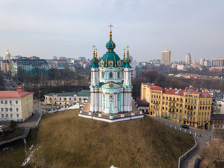 St. Andrew's Church in Kiev. Aerial drone view.