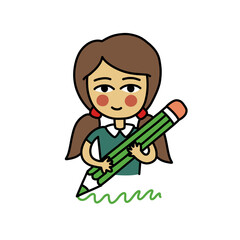 girl with pencil doodle icon, vector color illustration