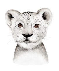 Africa watercolor savanna lion, animal illustration. African Safari wild cat cute exotic animals face portrait character. Isolated on white poster design © kris_art