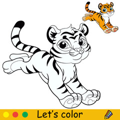 Little jumping tiger coloring with colorful template vector