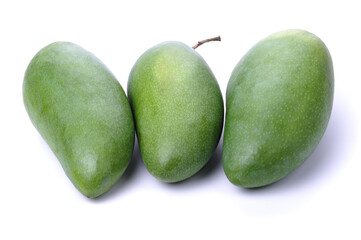 fresh green mangoes on white background.