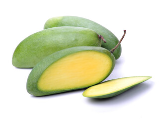 fresh green mangoes on white background.