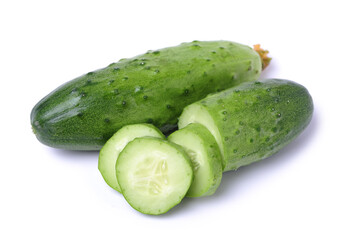 Fresh cucumber and slices on white background.