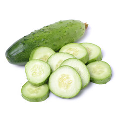  Fresh cucumber and slices on white background.