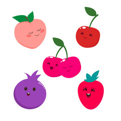 Set of funny fruit characters.Blueberries, strawberries, peaches, cherries. Emotions. Fruit emoticon. Kawaii. Vector flat illustration.