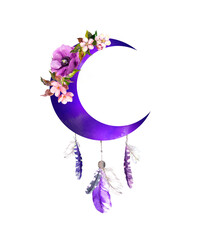 Violet crescent moon with flowers, feathers. Boho vintage design for woman tattoo. Watercolor bohemian illustration © zzorik