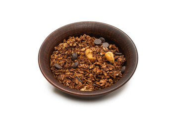 Chocolate granola cereal with nuts in a bowl background.