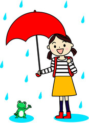 雨の日にカエルに傘をさしてあげる女の子