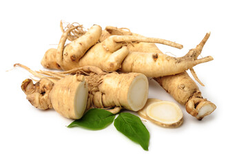 Fresh ginseng slices on white background.