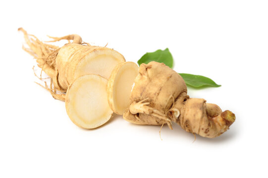 Fresh ginseng slices on white background.