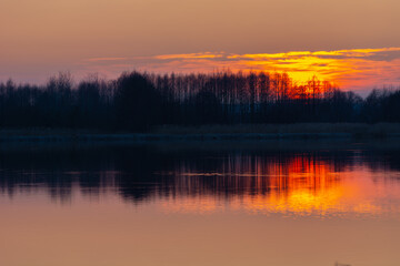 Beautiful sunset over the trees by the water