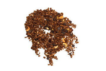 Chocolate granola cereal with nuts in a wooden spoon.