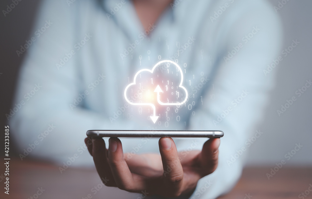 Aufkleber businessman holding virtual cloud computing on smartphone to transfer data information and upload do