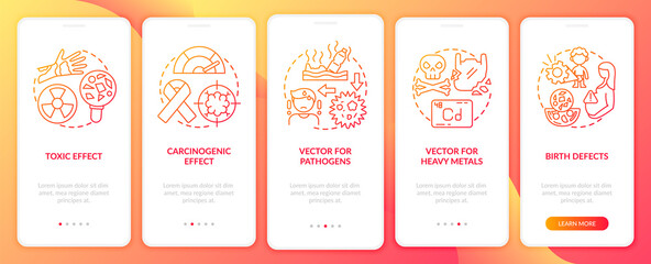 Microplastics health effects onboarding mobile app page screen with concepts. Vector for heavy metal walkthrough 5 steps graphic instructions. UI vector template with RGB color illustrations