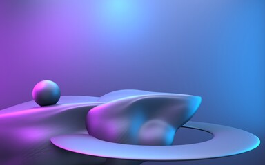 3d rendering of purple and blue abstract minimal concept background with empty stone podium. Scene for advertising, technology, show, banner, cosmetic, fashion, business, space, sci-fi. Illustration.