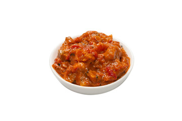 Vegetable stew in a bowl isolated on white background.