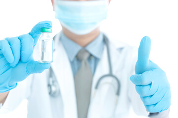 Close up vaccines fight against virus, doctor or scientist in laboratory holding a syringe with...