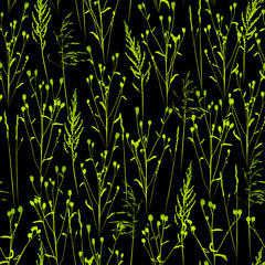 Wild herbs on black - seamless pattern with green grass - dark background with herbal silhouettes for summer and spring design