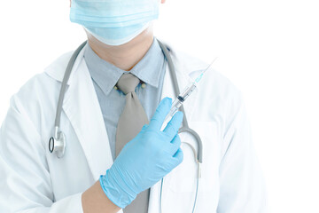 Close up vaccines fight against virus, doctor or scientist in laboratory holding a syringe with...