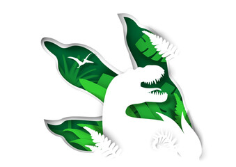 Paper cut tyrannosaurus rex dinosaur and t-rex paw, pteranodon flying reptile silhouettes, vector illustration. © Siberian Art