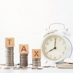 Concept of tax season with wooden blocks, coins and alarm clock.
