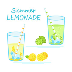 Glasses of lime and lemon drink with ice and straw. Vector illustration summer lemonade concept.