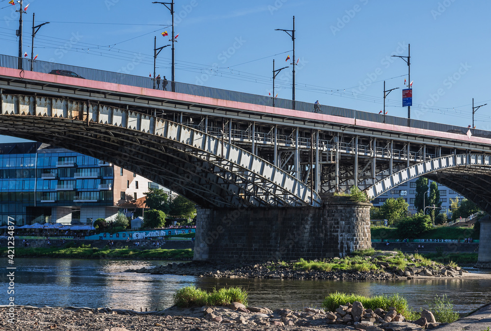 Sticker Poniatowski bridge seen from a Vistula River beach in Warsaw, Poland