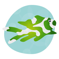 Bright green fantastic tropical fish carp koi. Print for children's goods, clothing, toys, stationery, books.Sea world. Logo for seafood, fish restaurant, pet store. Element for design of sign, label