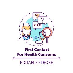 First contact for health concerns concept icon. Clinical assistance for patient problems. Family doctor idea thin line illustration. Vector isolated outline RGB color drawing. Editable stroke
