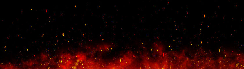 Fire embers particles over black background. Fire sparks background. Abstract dark glitter fire particles lights.	