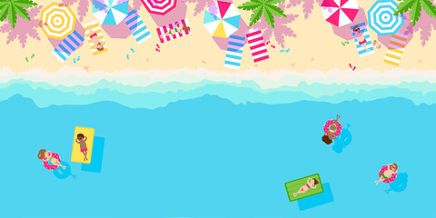 sandy tropical beach with palm trees. Banner in cartoon style. Pace for your text. Vector illustration