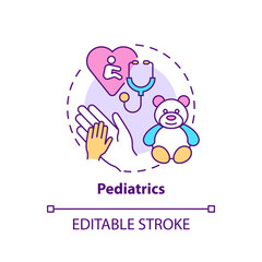 Pediatrics concept icon. Children healthcare. Professional clinical support for kids. Family doctor idea thin line illustration. Vector isolated outline RGB color drawing. Editable stroke