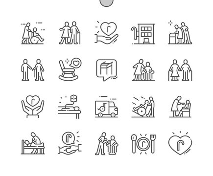 Elderly services. Support. Assistance with disability. Pensioner, aged, clinic and disabled. Health care, medical and medicine. Pixel Perfect Vector Thin Line Icons. Simple Minimal Pictogram