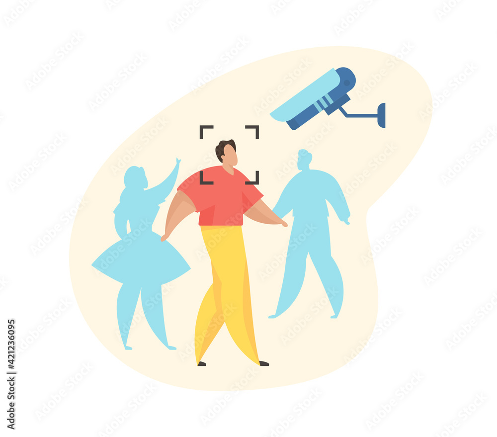 Poster Surveillance camera recognizes a walking person in a crowd. Face recognition. Security system in public place. Flat vector illustration